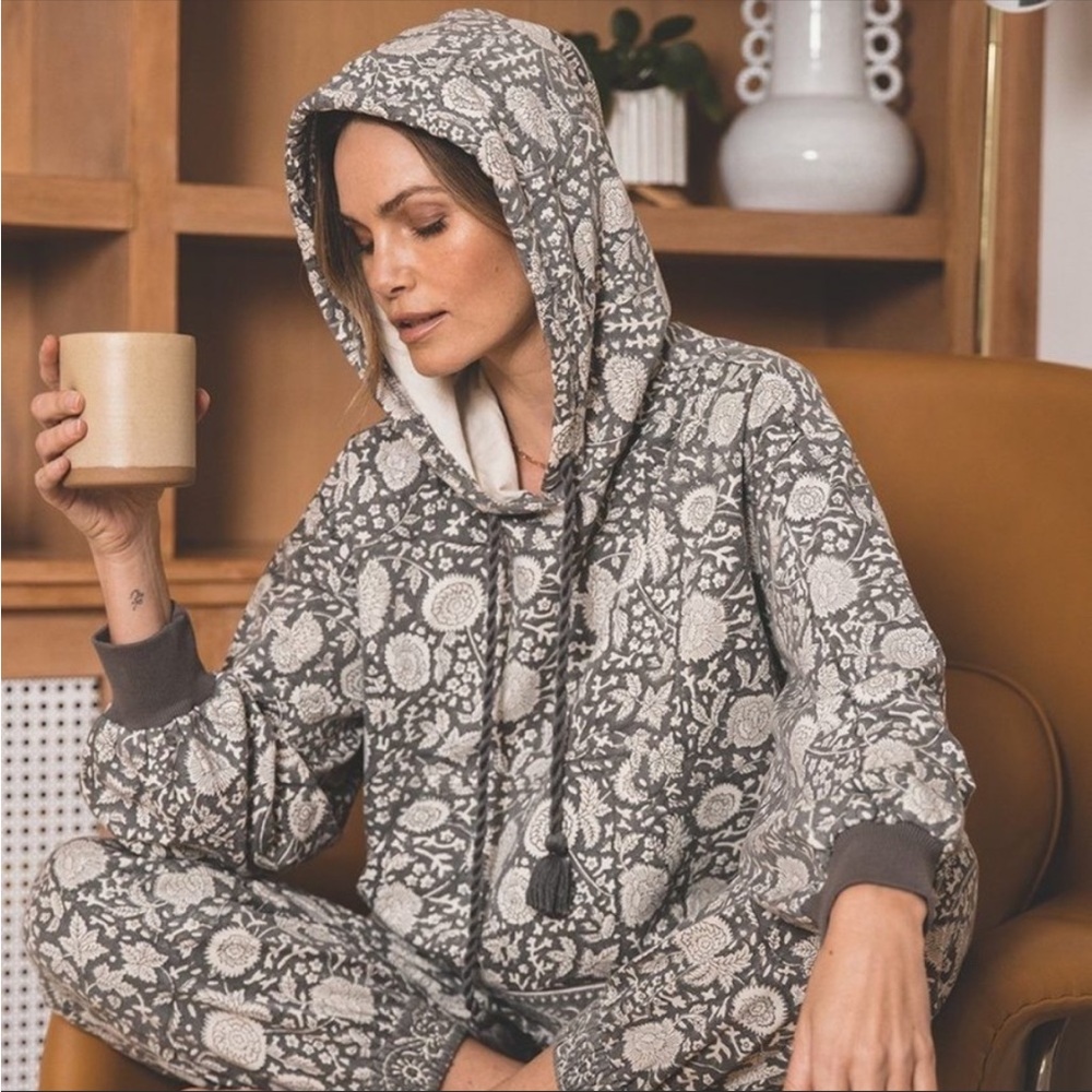 Cleobella Jaidev Floral Hoodie Sweater Tonal Block Print Grey